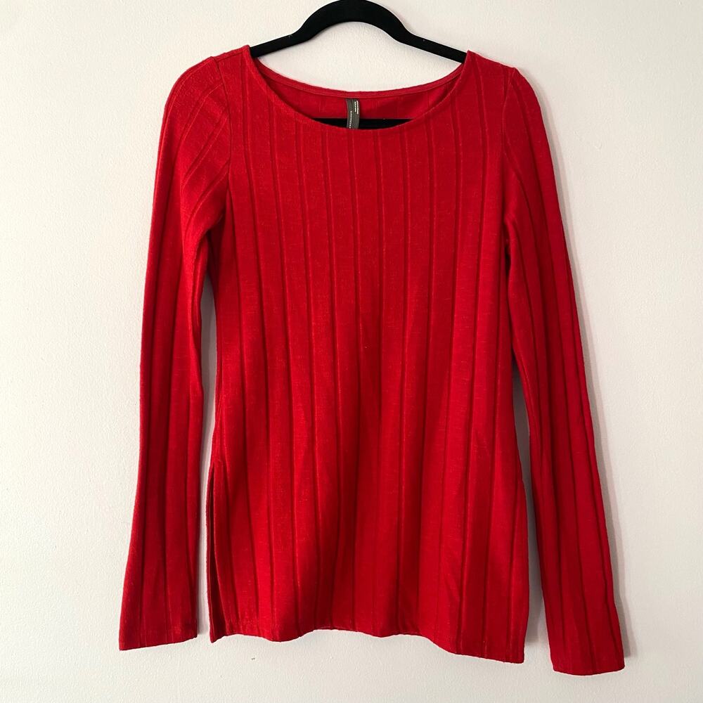 Anthropologie Red Ribbed Long Sleeve Crewneck Minimalist Top Women's size Small